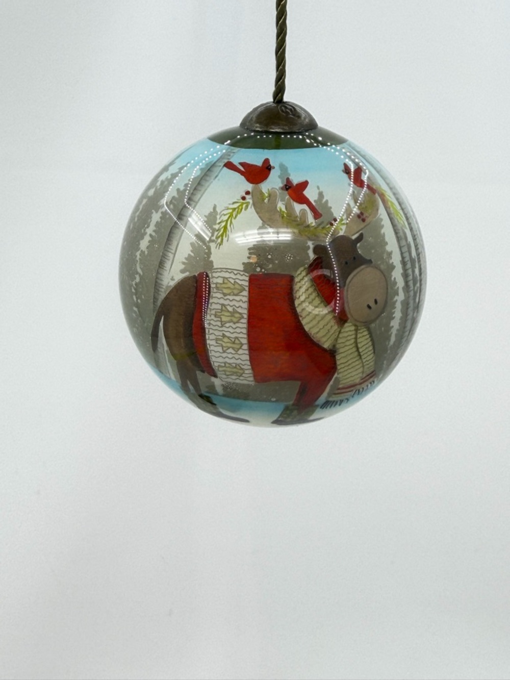 Ne’Qwa Art Forest Friends Ornament Moose in Sweater COA Hand Painted On Inside